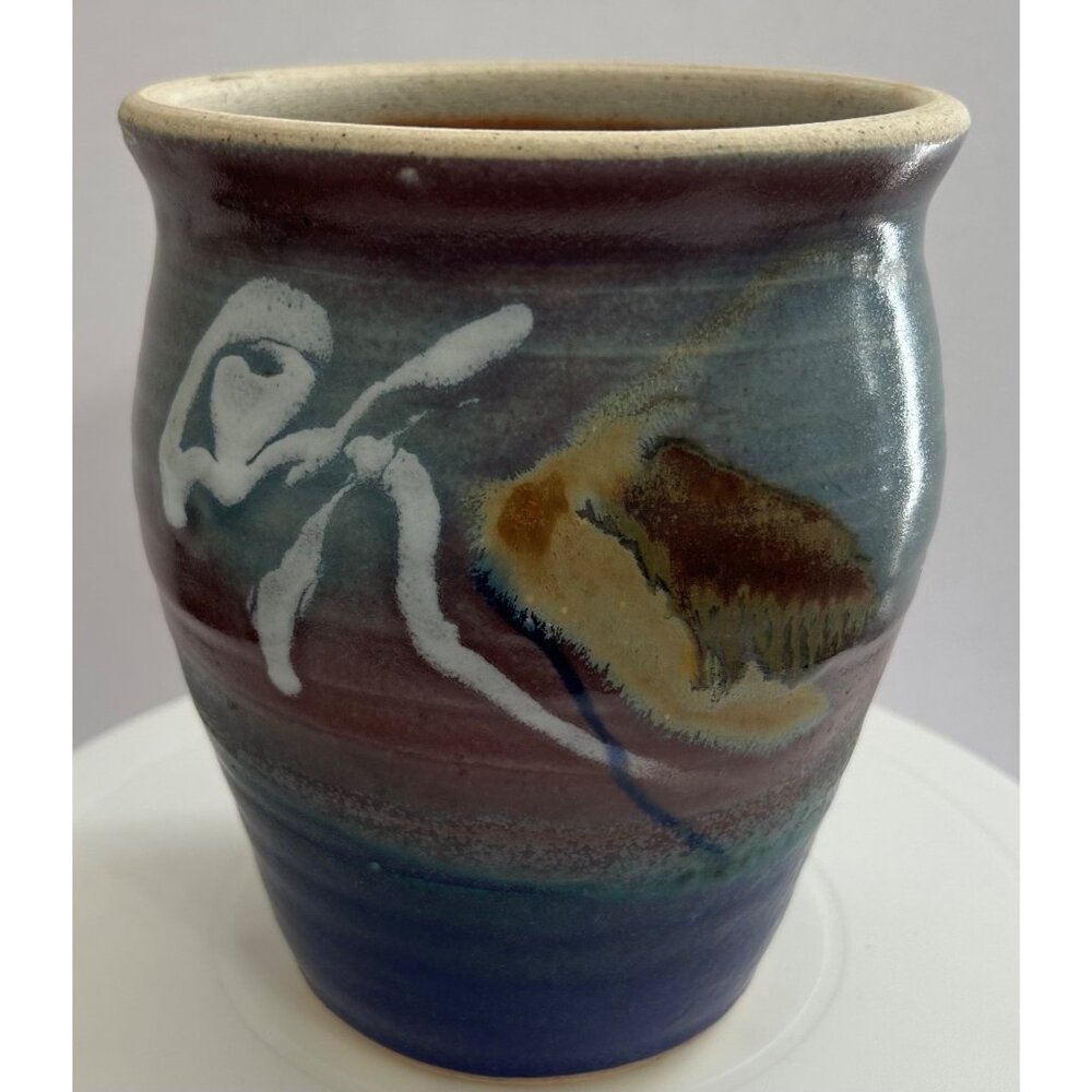 Handmade Pottery Vase Planter Abstract Glaze Blue & Burgundy Tones 7" Signed GT